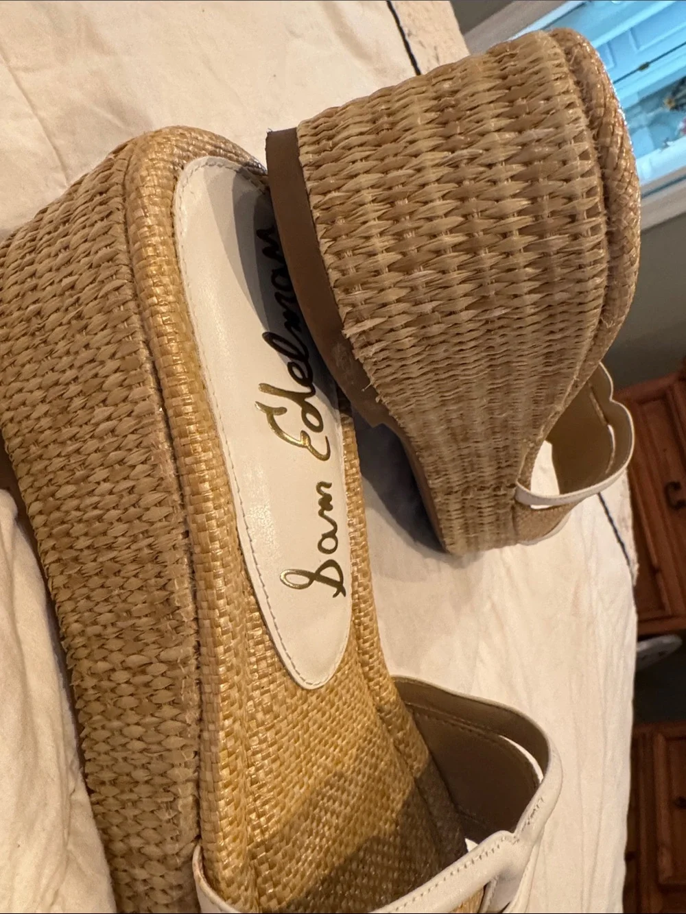 Sam Edelman Natural Raffia Wedge Sandals with White Trim